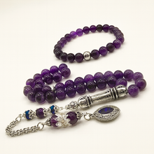 Lade das Bild in den Galerie-Viewer, Tesbih & Armband Set Herren – Amethyst 8mm – Gebetskette 33 Perlen mit Vizyon Püskül + Armband 25 Perlen – Versilbert – Geschenkset inkl. Etui