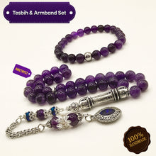 Lade das Bild in den Galerie-Viewer, Tesbih & Armband Set Herren – Amethyst 8mm – Gebetskette 33 Perlen mit Vizyon Püskül + Armband 25 Perlen – Versilbert – Geschenkset inkl. Etui