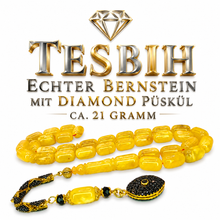 Lade das Bild in den Galerie-Viewer, Tesbih Tespih Echter Bernstein Tesbih 21 Gramm DIAMOND-SERIE Püskül aus 925 Echt-Silber, 585 vergoldet – Rosary Prayerbeads Misbah Subha Tasbeh Handmade in Deutschland