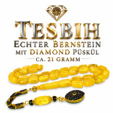Lade das Bild in den Galerie-Viewer, Tesbih Tespih Echter Bernstein Tesbih 21 Gramm DIAMOND-SERIE Püskül aus 925 Echt-Silber, 585 vergoldet – Rosary Prayerbeads Misbah Subha Tasbeh Handmade in Deutschland