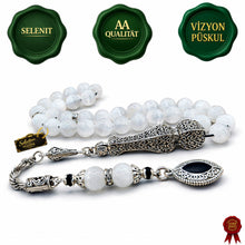 Lade das Bild in den Galerie-Viewer, Tespih Selenit Selection of the Master Collecttion Vizyon Püskül 8mm Rund Küre Gebetskette Rosary Misbah Subha Handmade inkl. Etui