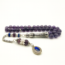 Lade das Bild in den Galerie-Viewer, Tesbih & Armband Set Herren – Amethyst 8mm – Gebetskette 33 Perlen mit Vizyon Püskül + Armband 25 Perlen – Versilbert – Geschenkset inkl. Etui