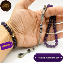 Lade das Bild in den Galerie-Viewer, Tesbih &amp; Armband Set Herren – Amethyst 8mm – Gebetskette 33 Perlen mit Vizyon Püskül + Armband 25 Perlen – Versilbert – Geschenkset inkl. Etui
