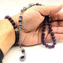 Lade das Bild in den Galerie-Viewer, Tesbih &amp; Armband Set Herren – Amethyst 8mm – Gebetskette 33 Perlen mit Vizyon Püskül + Armband 25 Perlen – Versilbert – Geschenkset inkl. Etui
