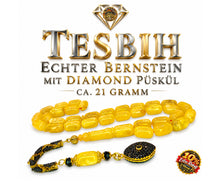 Lade das Bild in den Galerie-Viewer, Tesbih Tespih Echter Bernstein Tesbih 21 Gramm DIAMOND-SERIE Püskül aus 925 Echt-Silber, 585 vergoldet – Rosary Prayerbeads Misbah Subha Tasbeh Handmade in Deutschland
