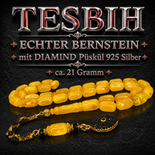 Lade das Bild in den Galerie-Viewer, Tesbih Tespih Echter Bernstein Tesbih 21 Gramm DIAMOND-SERIE Püskül aus 925 Echt-Silber, 585 vergoldet – Rosary Prayerbeads Misbah Subha Tasbeh Handmade in Deutschland
