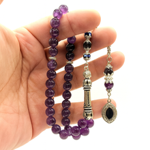 Lade das Bild in den Galerie-Viewer, Tesbih &amp; Armband Set Herren – Amethyst 8mm – Gebetskette 33 Perlen mit Vizyon Püskül + Armband 25 Perlen – Versilbert – Geschenkset inkl. Etui
